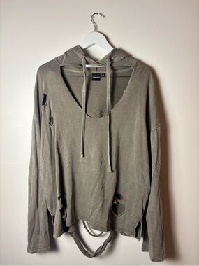 Mono B Distressed Olive Green Hoodie Sweatshirt, one size